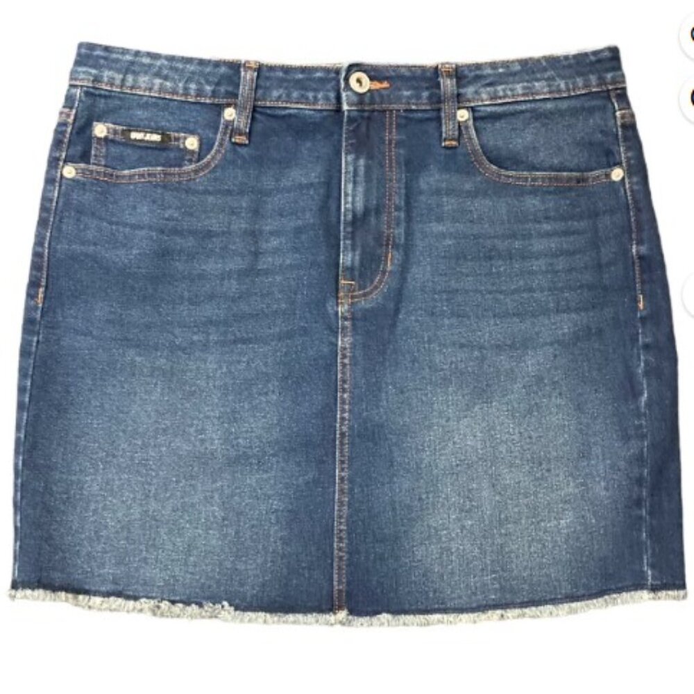 Brand New DKNY 17" Denim Skirt with Frayed-Hem.
